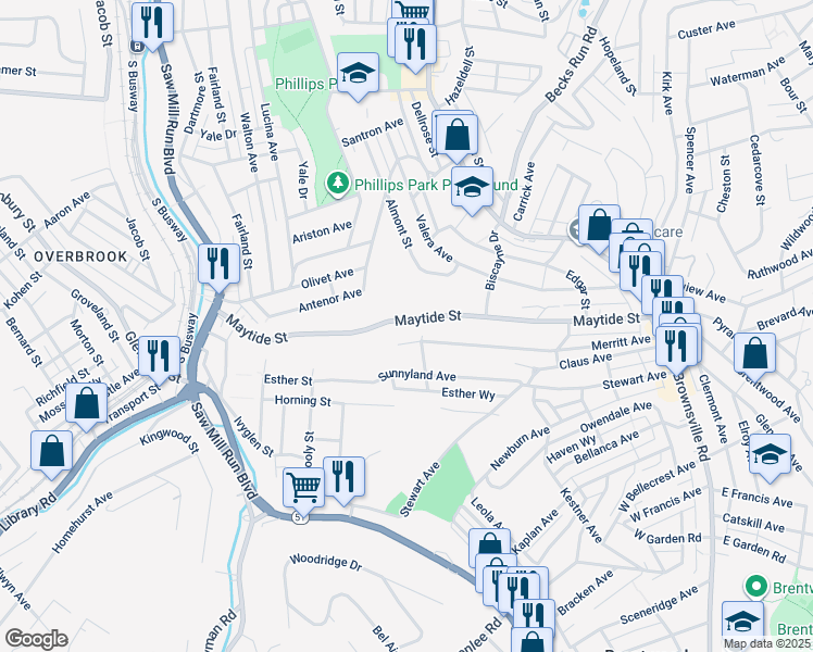 map of restaurants, bars, coffee shops, grocery stores, and more near 410 Maytide Street in Pittsburgh