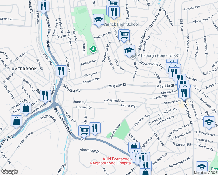 map of restaurants, bars, coffee shops, grocery stores, and more near 410 Maytide Street in Pittsburgh