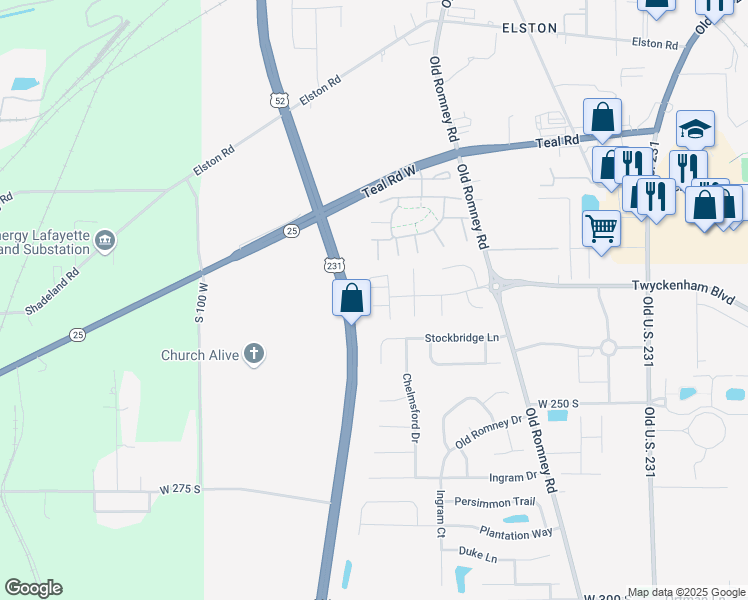 map of restaurants, bars, coffee shops, grocery stores, and more near 412 Brunswick Drive in Lafayette