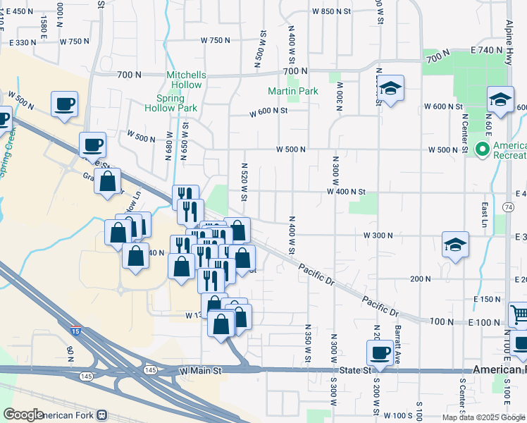 map of restaurants, bars, coffee shops, grocery stores, and more near 356 North 480 West Street in American Fork