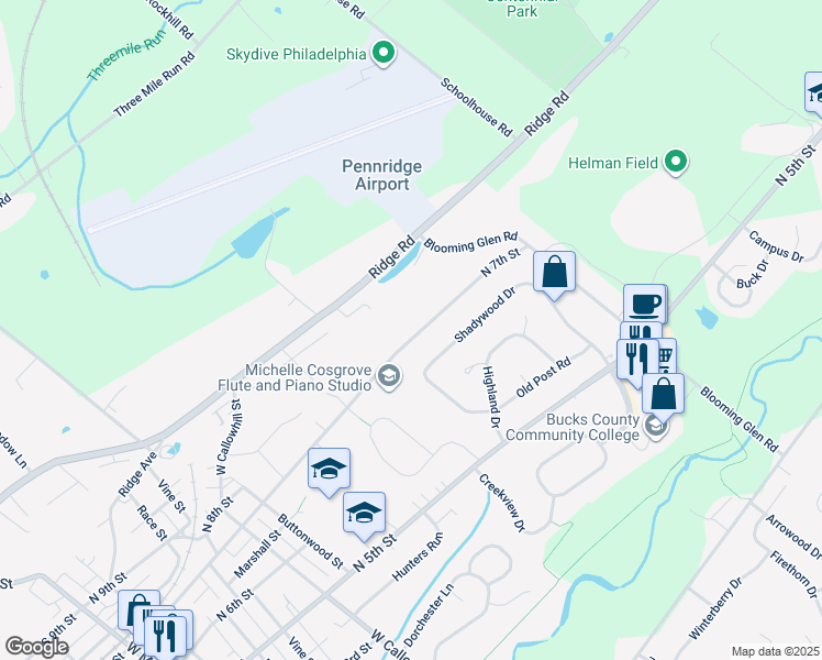 map of restaurants, bars, coffee shops, grocery stores, and more near 1014 North 7th Street in Perkasie
