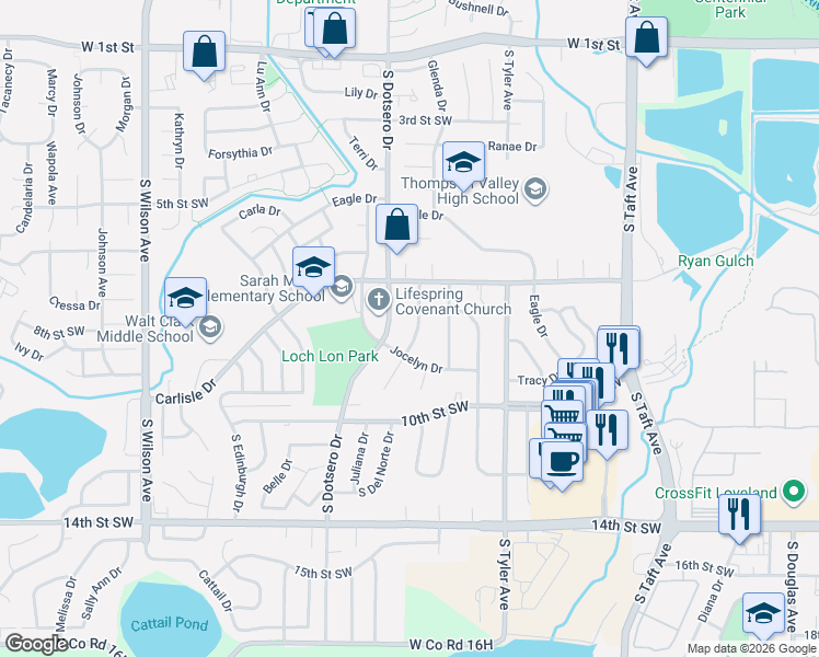 map of restaurants, bars, coffee shops, grocery stores, and more near 718 South Del Norte Avenue in Loveland