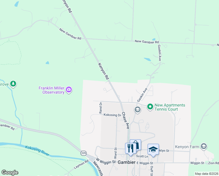 map of restaurants, bars, coffee shops, grocery stores, and more near 413 Chase Avenue in Gambier
