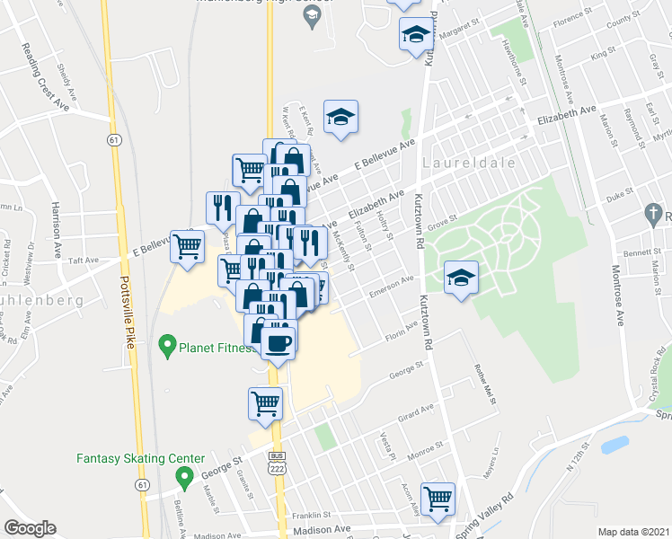 map of restaurants, bars, coffee shops, grocery stores, and more near 504 Belmont Avenue in Laureldale