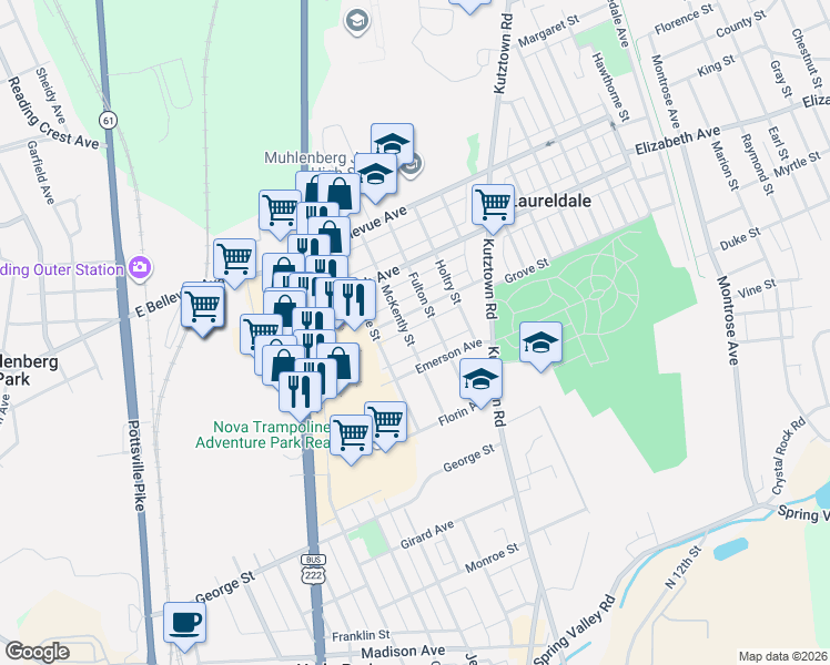 map of restaurants, bars, coffee shops, grocery stores, and more near 3226 Fulton Street in Laureldale