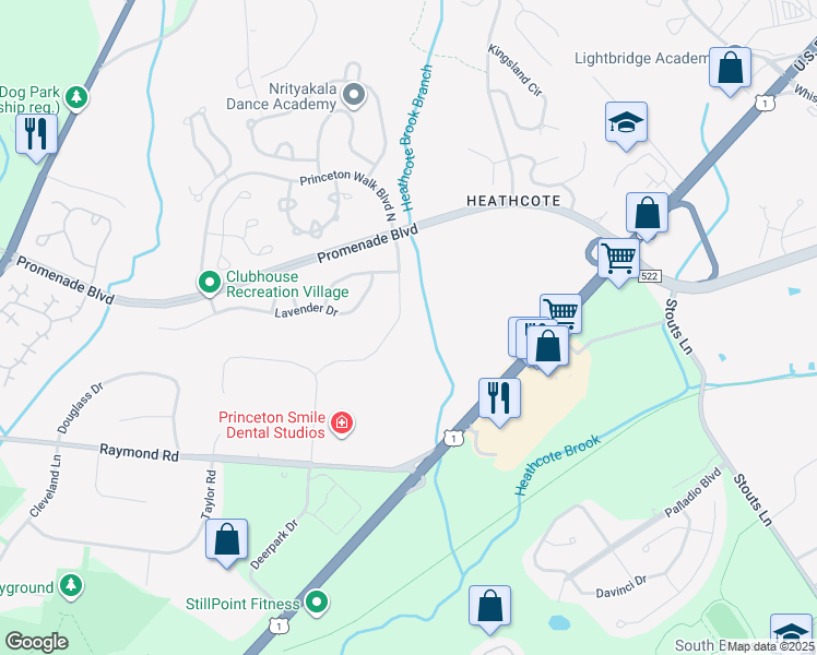 map of restaurants, bars, coffee shops, grocery stores, and more near 14 Courtside Lane in Princeton