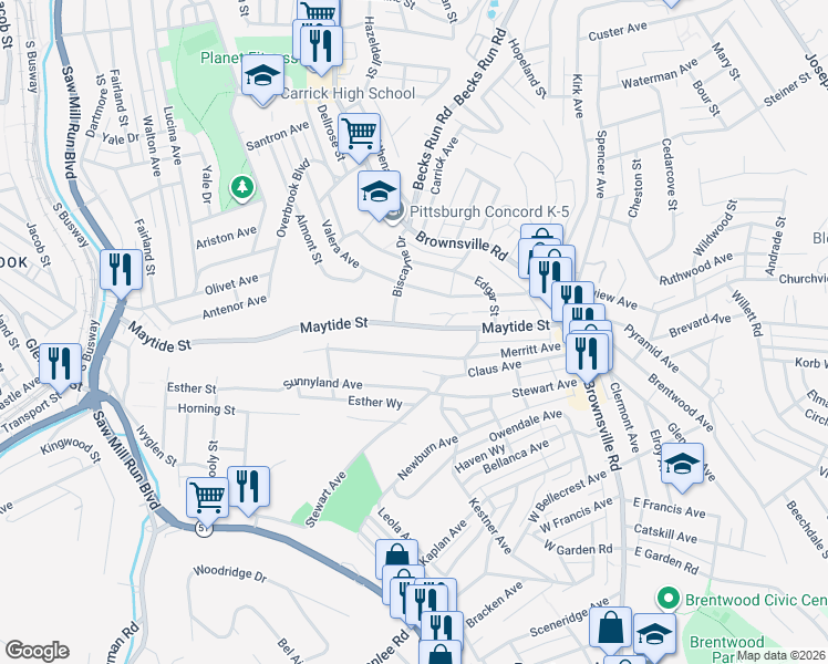 map of restaurants, bars, coffee shops, grocery stores, and more near 227 Maytide Street in Pittsburgh