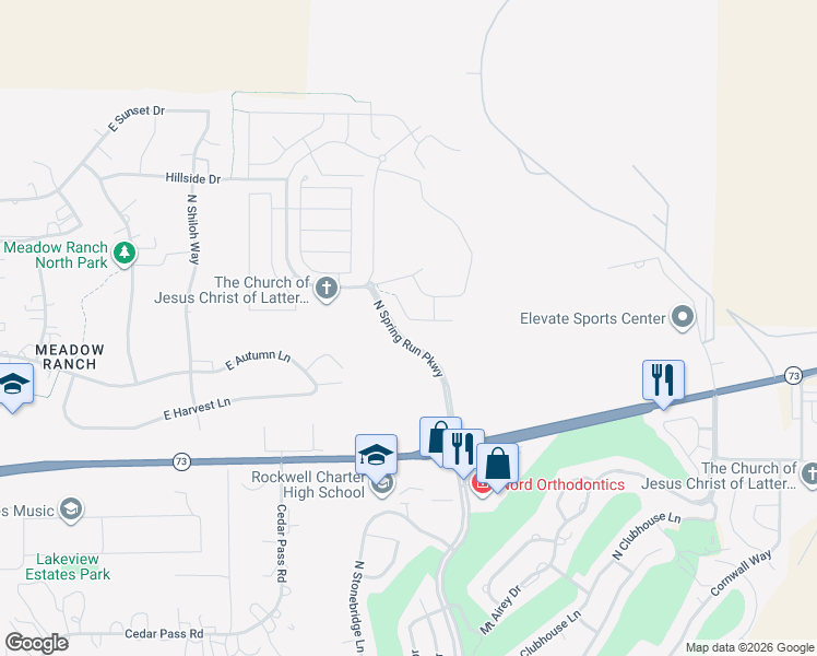 map of restaurants, bars, coffee shops, grocery stores, and more near North Spring Run Drive in Eagle Mountain