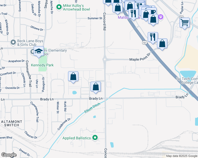 map of restaurants, bars, coffee shops, grocery stores, and more near Mystic Lane in Lafayette