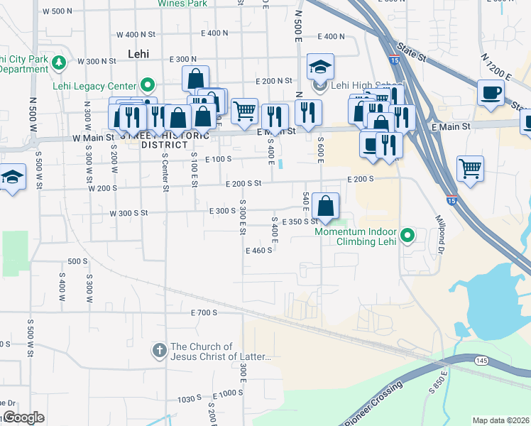 map of restaurants, bars, coffee shops, grocery stores, and more near 370 East 300 South in Lehi