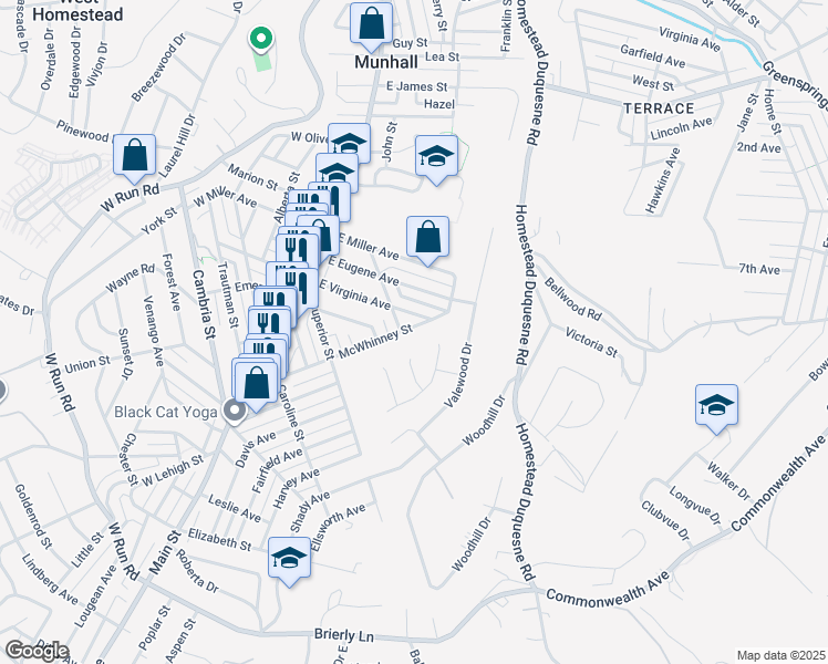map of restaurants, bars, coffee shops, grocery stores, and more near 3513 McWhinney Street in Munhall