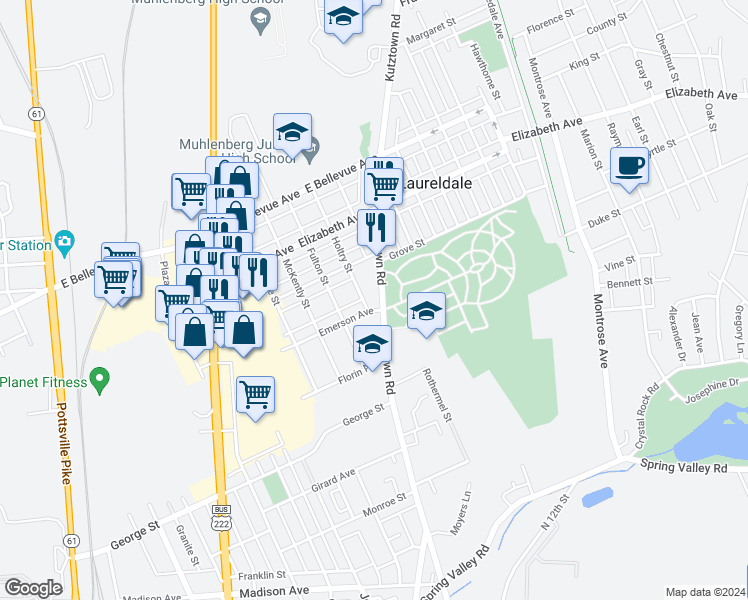 map of restaurants, bars, coffee shops, grocery stores, and more near 3215 Holtry Street in Laureldale