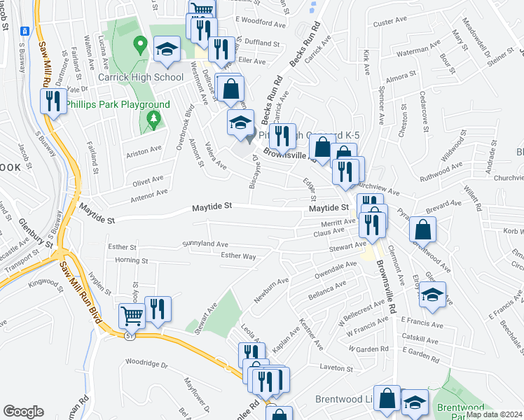 map of restaurants, bars, coffee shops, grocery stores, and more near 226 Maytide Street in Pittsburgh