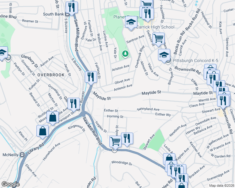 map of restaurants, bars, coffee shops, grocery stores, and more near 509 Antenor Avenue in Pittsburgh