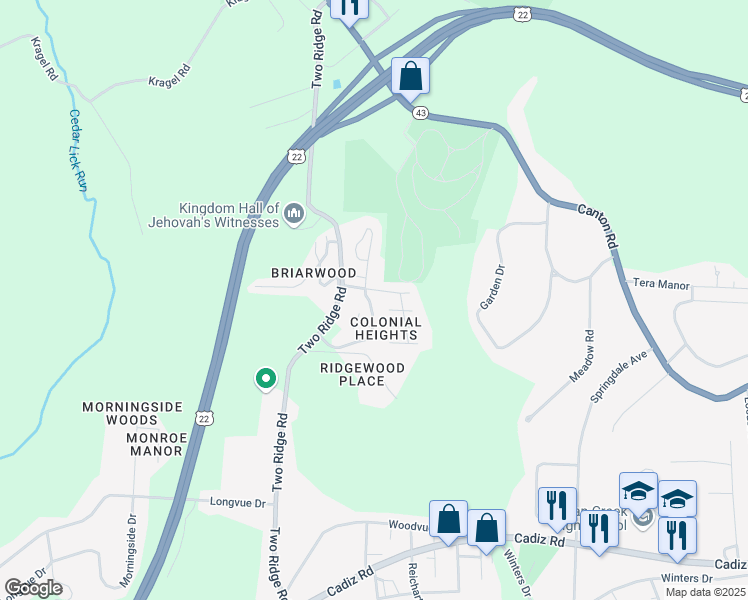 map of restaurants, bars, coffee shops, grocery stores, and more near 96 South Byron Drive in Steubenville