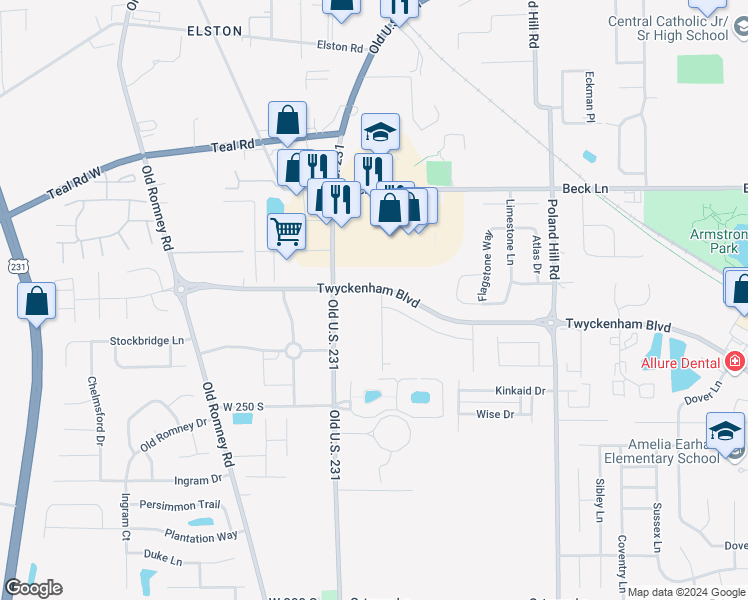 map of restaurants, bars, coffee shops, grocery stores, and more near 40 Twyckenham Boulevard in Lafayette