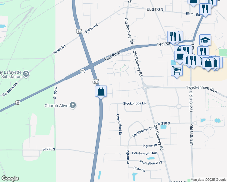 map of restaurants, bars, coffee shops, grocery stores, and more near 412 Brunswick Drive in Lafayette