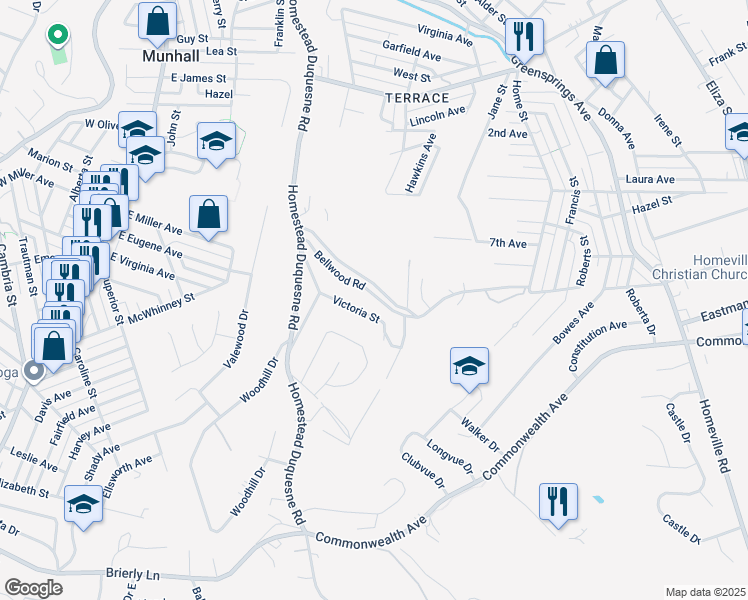 map of restaurants, bars, coffee shops, grocery stores, and more near 437 Bellwood Road in West Mifflin