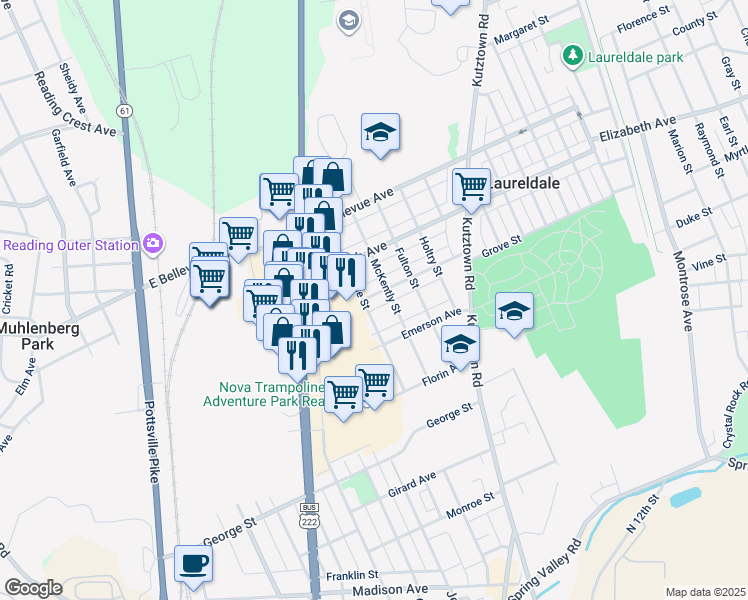 map of restaurants, bars, coffee shops, grocery stores, and more near 504 Belmont Avenue in Laureldale