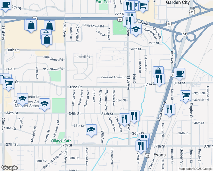 map of restaurants, bars, coffee shops, grocery stores, and more near 1405 32nd St in Evans