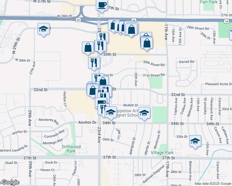map of restaurants, bars, coffee shops, grocery stores, and more near 3207 Barclay Court in Evans