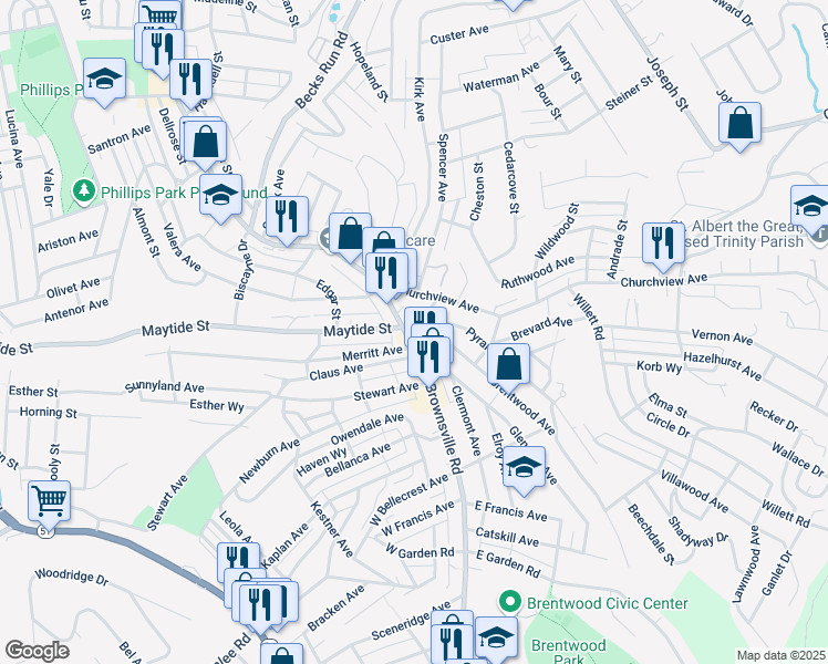 map of restaurants, bars, coffee shops, grocery stores, and more near Brentwood Ave & Sankey Ave in Pittsburgh