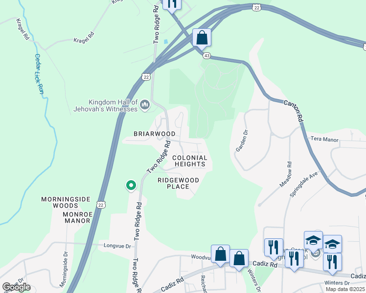 map of restaurants, bars, coffee shops, grocery stores, and more near 96 South Byron Drive in Steubenville