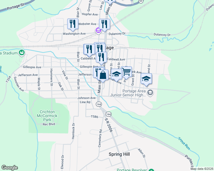 map of restaurants, bars, coffee shops, grocery stores, and more near 814 Farren Street in Portage