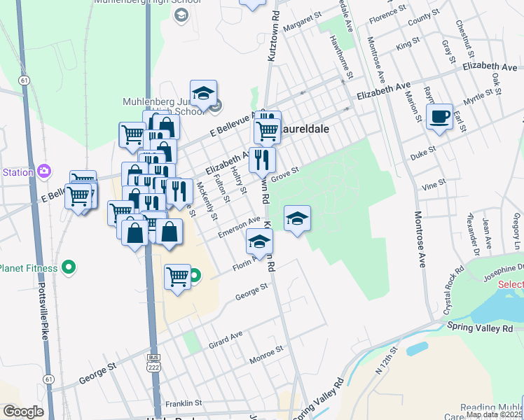 map of restaurants, bars, coffee shops, grocery stores, and more near 3206 Kutztown Road in Laureldale
