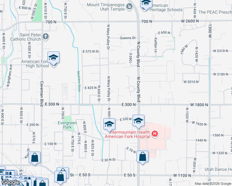 map of restaurants, bars, coffee shops, grocery stores, and more near 369 N 950 E in American Fork