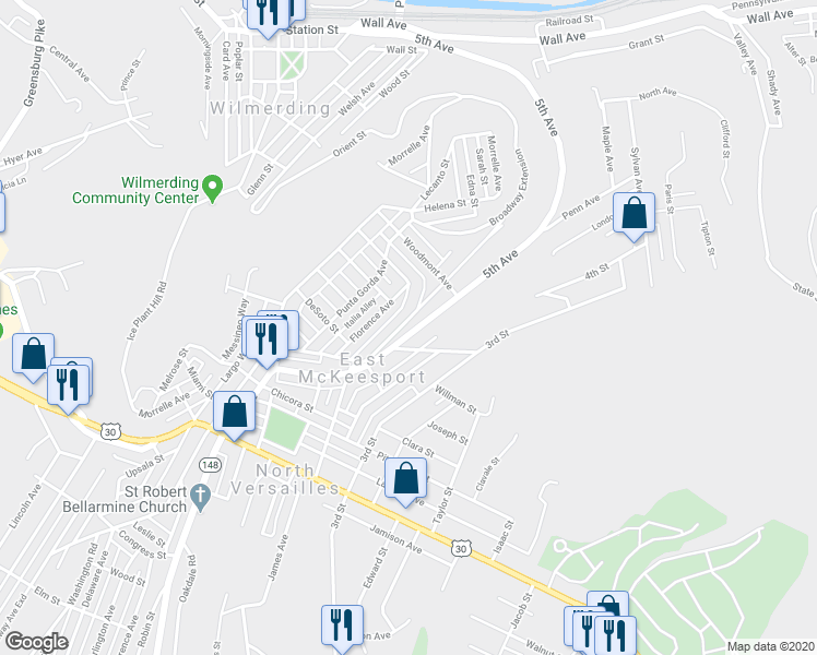 map of restaurants, bars, coffee shops, grocery stores, and more near 760 5th Avenue in East McKeesport