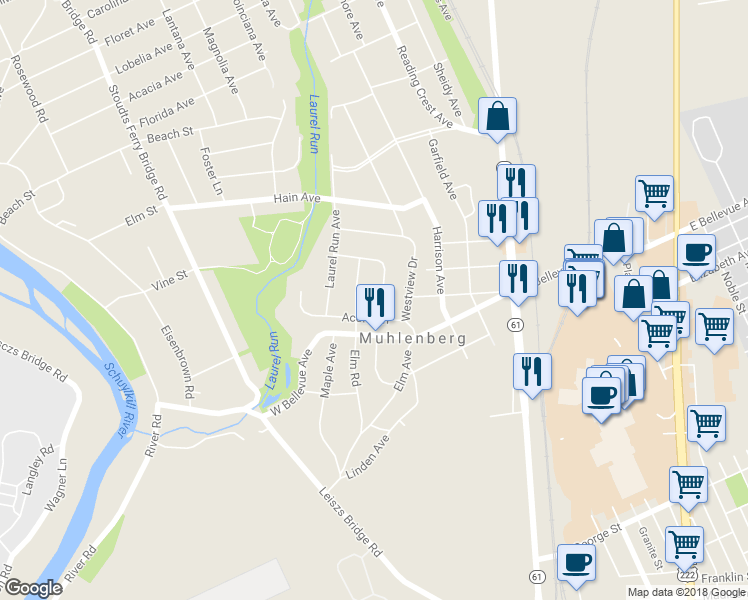 map of restaurants, bars, coffee shops, grocery stores, and more near 3110 Cricket Road in Reading