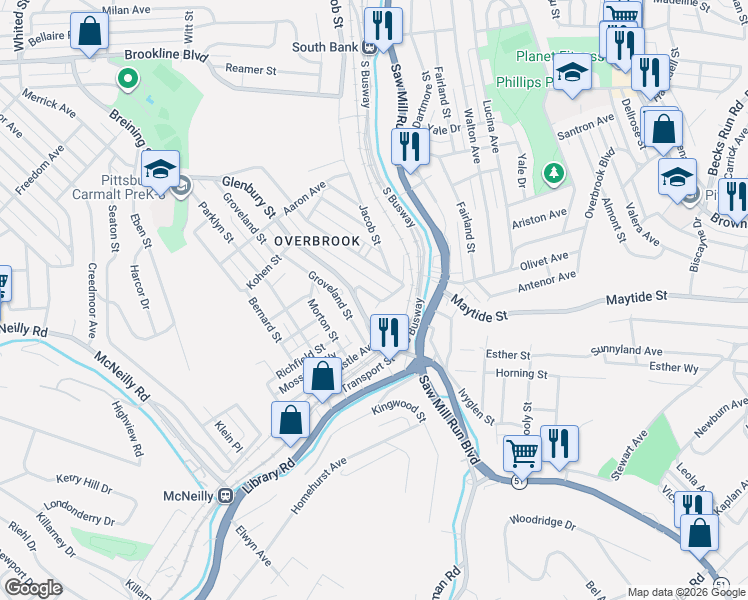 map of restaurants, bars, coffee shops, grocery stores, and more near 5 Seldon Place in Pittsburgh