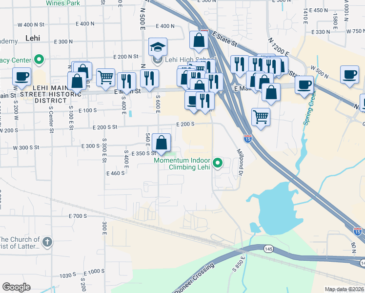 map of restaurants, bars, coffee shops, grocery stores, and more near 329 South 730 East Street in Lehi