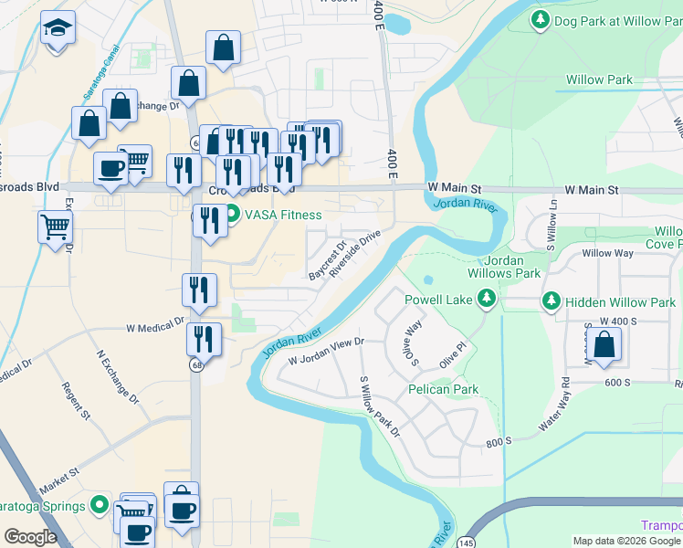 map of restaurants, bars, coffee shops, grocery stores, and more near 282 Cascade Court in Saratoga Springs