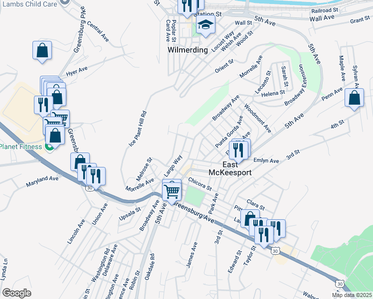 map of restaurants, bars, coffee shops, grocery stores, and more near 946 Broadway Street in East McKeesport