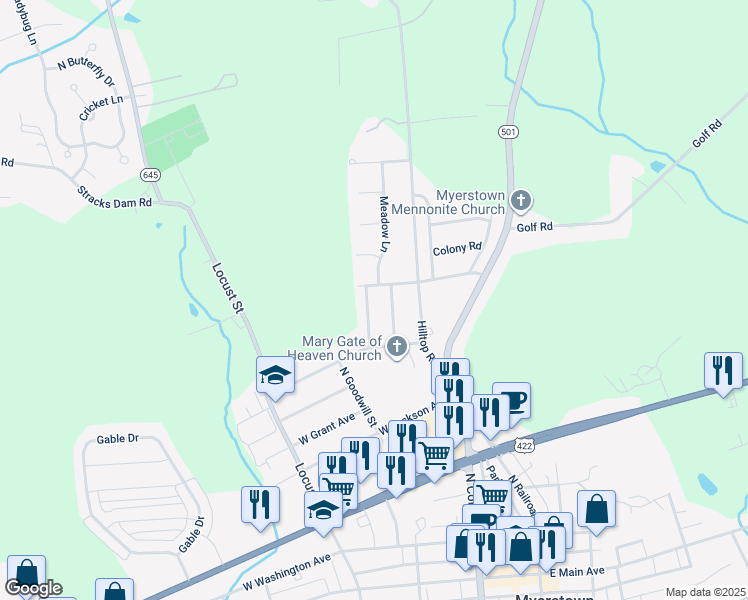 map of restaurants, bars, coffee shops, grocery stores, and more near 18 Fernwood Drive in Myerstown