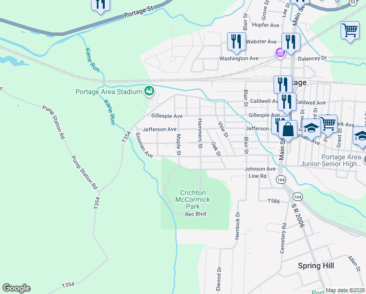 map of restaurants, bars, coffee shops, grocery stores, and more near 1401-1499 Conemaugh Ave in Portage