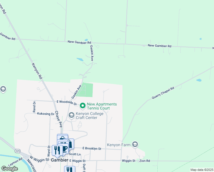 map of restaurants, bars, coffee shops, grocery stores, and more near 112 Allen Drive in Gambier