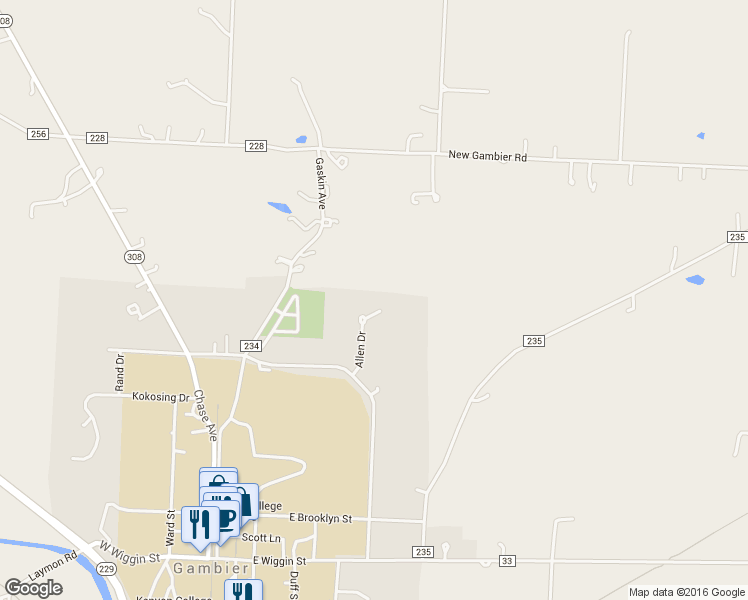 map of restaurants, bars, coffee shops, grocery stores, and more near 112 Allen Drive in Gambier
