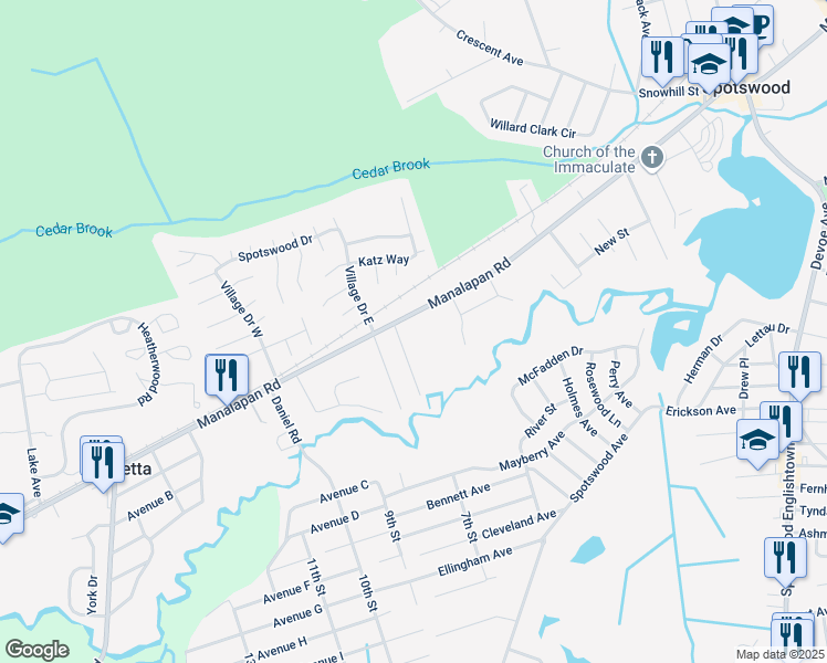 map of restaurants, bars, coffee shops, grocery stores, and more near 327 Manalapan Road in Spotswood