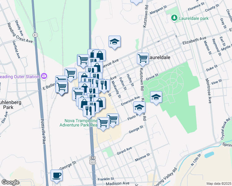 map of restaurants, bars, coffee shops, grocery stores, and more near 512 Belmont Avenue in Laureldale