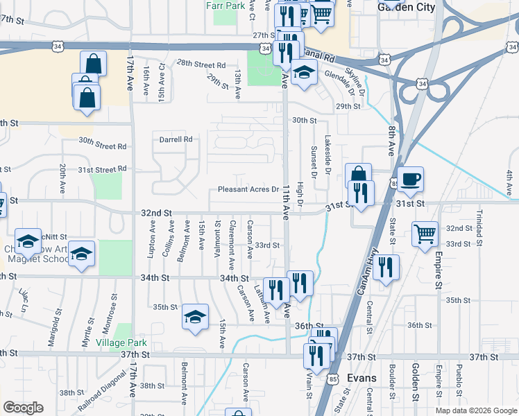 map of restaurants, bars, coffee shops, grocery stores, and more near 1229 32nd Street in Evans