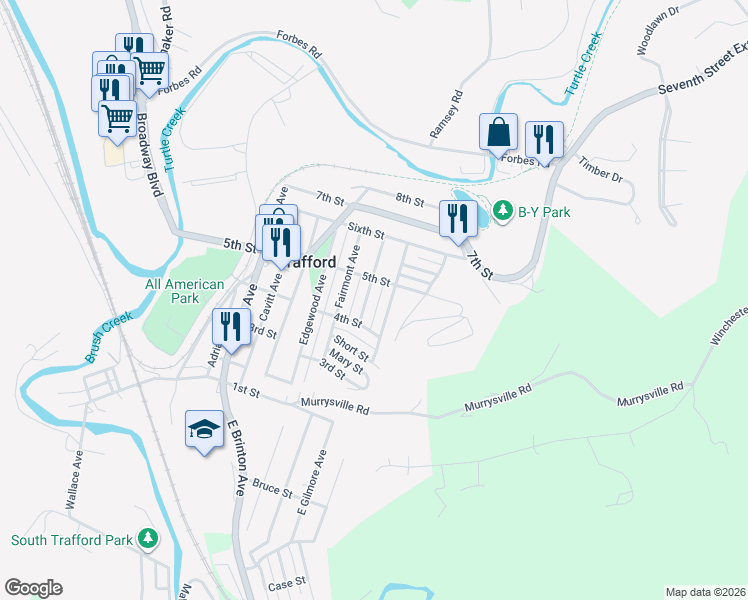 map of restaurants, bars, coffee shops, grocery stores, and more near 421 Gilmore Avenue in Trafford