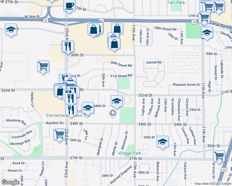 map of restaurants, bars, coffee shops, grocery stores, and more near 3201 O'Connor Avenue in Evans