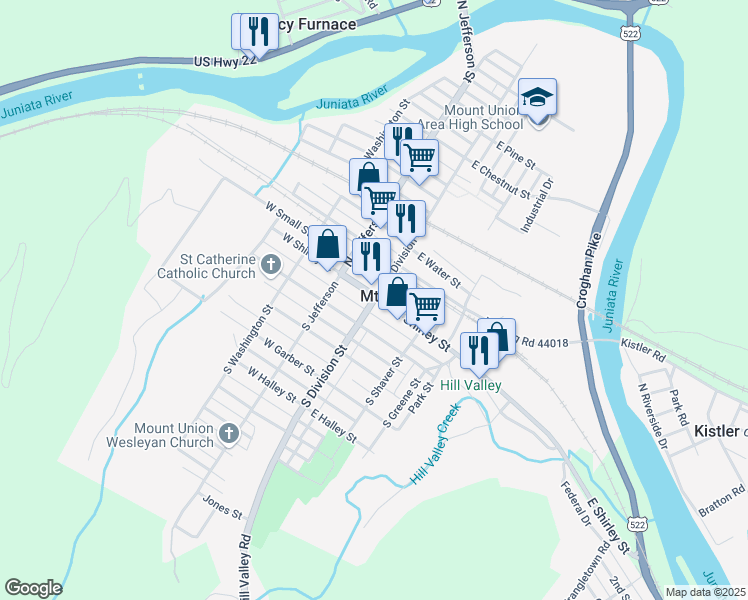 map of restaurants, bars, coffee shops, grocery stores, and more near in Mount Union