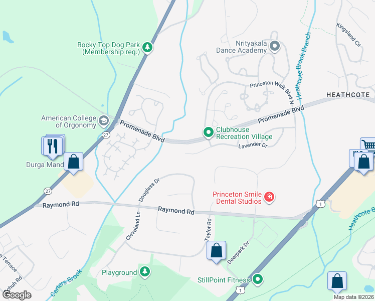 map of restaurants, bars, coffee shops, grocery stores, and more near 32 Angelica Court in Princeton