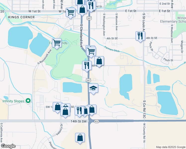 map of restaurants, bars, coffee shops, grocery stores, and more near 832 South Lincoln Avenue in Loveland