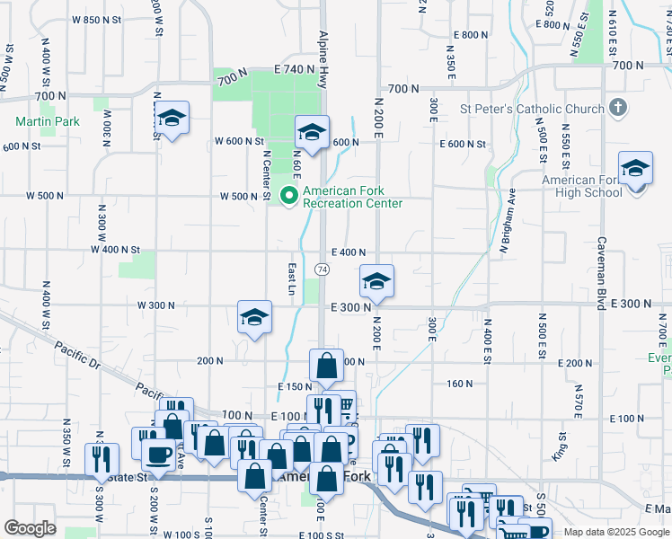 map of restaurants, bars, coffee shops, grocery stores, and more near 380 North 100 East in American Fork