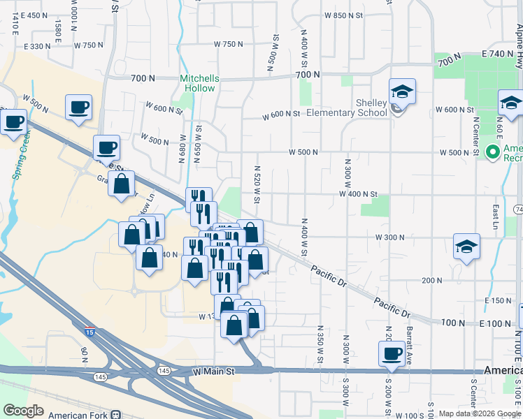 map of restaurants, bars, coffee shops, grocery stores, and more near 354 North 520 West Street in American Fork